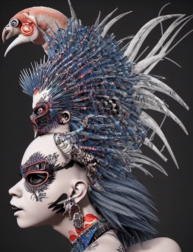 Image similar to 3 d goddess close - up profile portrait punk with mohawk with ram skull. beautiful intricately detailed japanese crow kitsune mask and clasical japanese kimono. betta fish, jellyfish phoenix, bio luminescent, plasma, ice, water, wind, creature, artwork by tooth wu and wlop and beeple and greg rutkowski