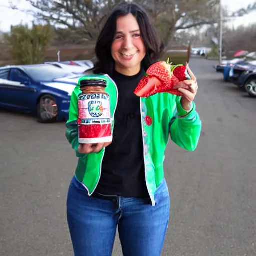 Prompt: charly with the racing jacket holding a jar of strawberry candy