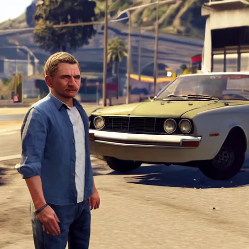 Image similar to martin freeman looks confused in gta 5, a car explodes in the background. unreal engine 4 render 4 k