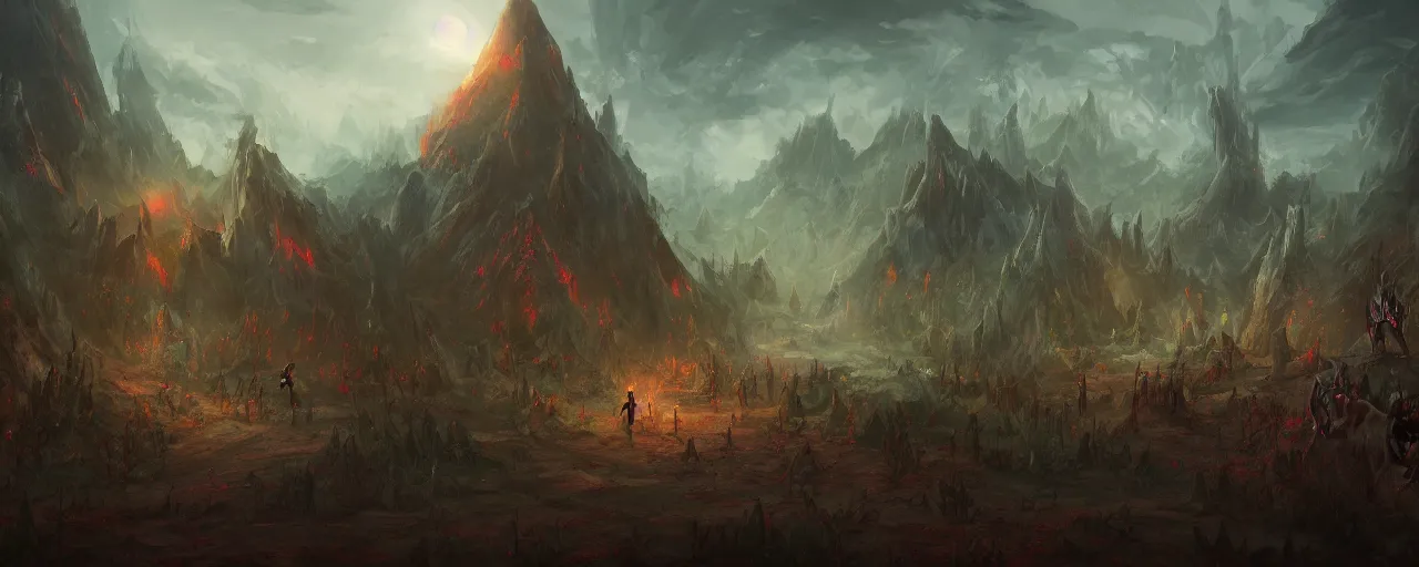 Prompt: necromancer in a hellscape valley, digital art, trending on ArtStation