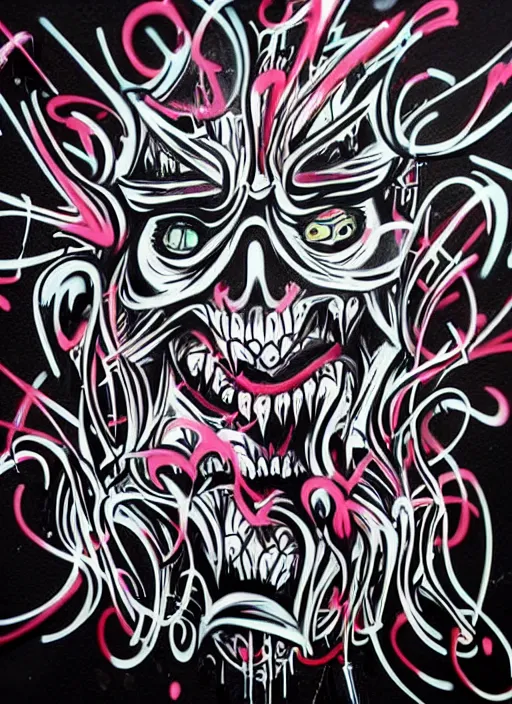 Prompt: beautiful graffiti demons on black background paper