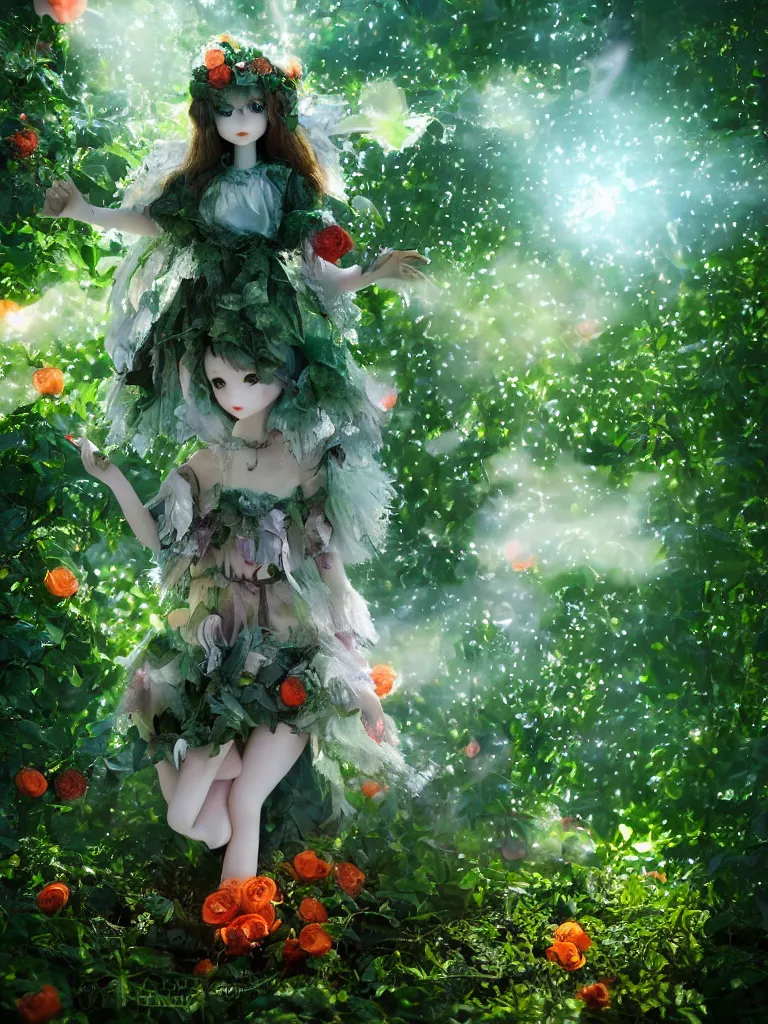 Prompt: cute fumo plush girl among vines in the middle of a lush rose garden, glowing ethereal gothic magical wraith fairy girl, tattered green dress, smoke and orange volumetric fog, blue sky sunshine and cloudless lens flare, bokeh, vray