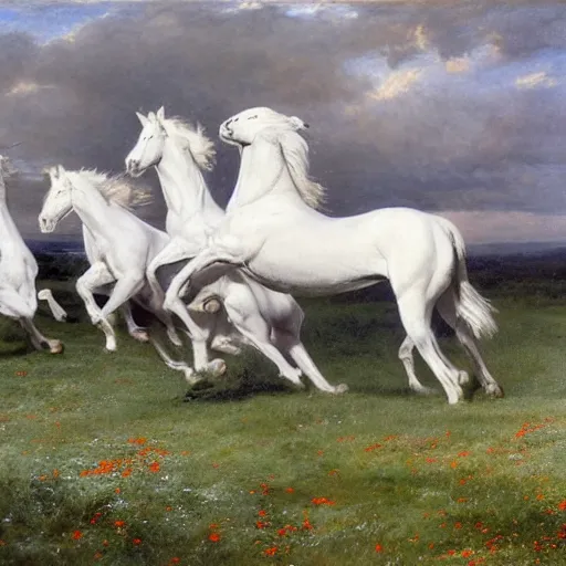 Image similar to ultra wide angle landscape portrait :: six muscular photorealistic white horses run wildly in the wind across a vast field of poppies at twilight :: styles by John Frederick Herring, Susan Crawford, Rosa Bonheur, Jacques-Louis David, and John Collier