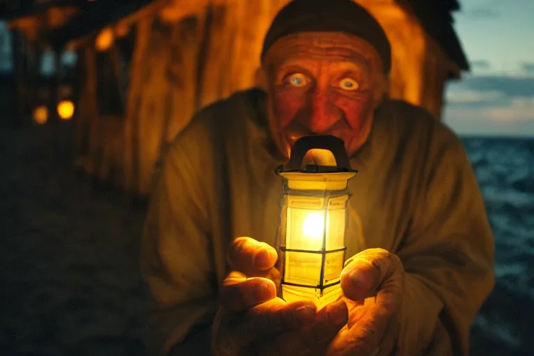 Image similar to closeup old man holding up a lantern on the beach in a pirate bay meet to a old wood shack by emmanuel lubezki