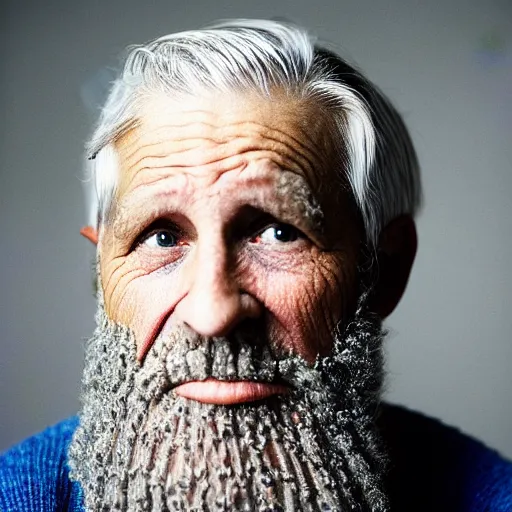Prompt: portrait of a baby that looks like an old man, old skin, gray hair, gray beard, 8k, photo by annie leibovitz