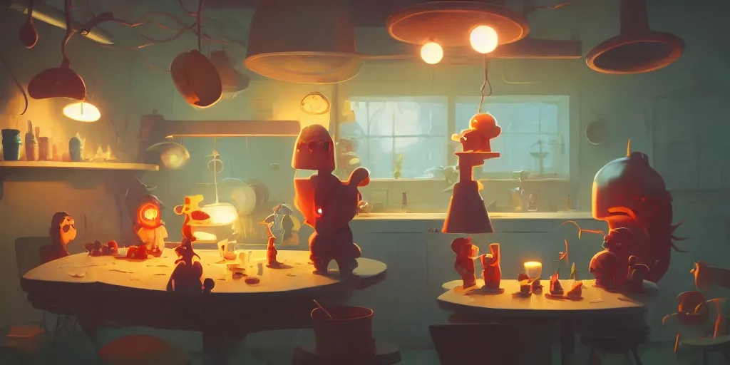 Image similar to cute kitchen dim lit by a candle ripped physique simon stalenhag gerald brom bastien grivet by greg rutkowski and peter chan portrait game background fisheye lens day of the tentacle