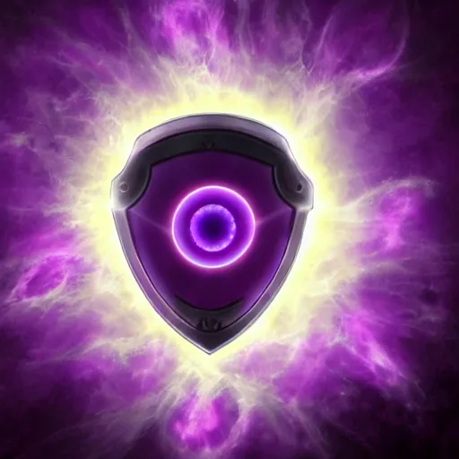 Prompt: a purple shield emanating a purple glow, purple energy, ability image, dark background, digital art