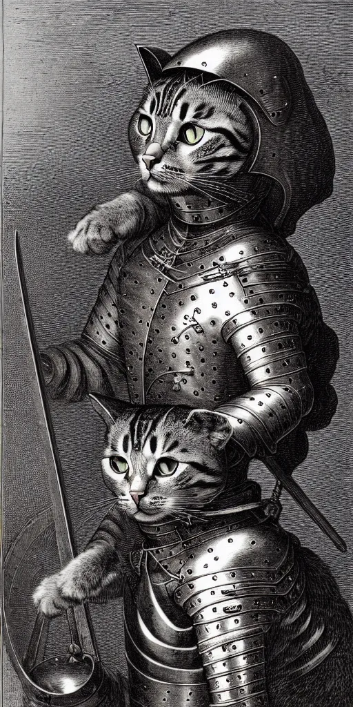 Image similar to engraving portrait of humanoid cat in medieval armoury by gustave dore. trending on deviant art, street art, chillwave, maximalist, full of color, glittering, 8 k, hd