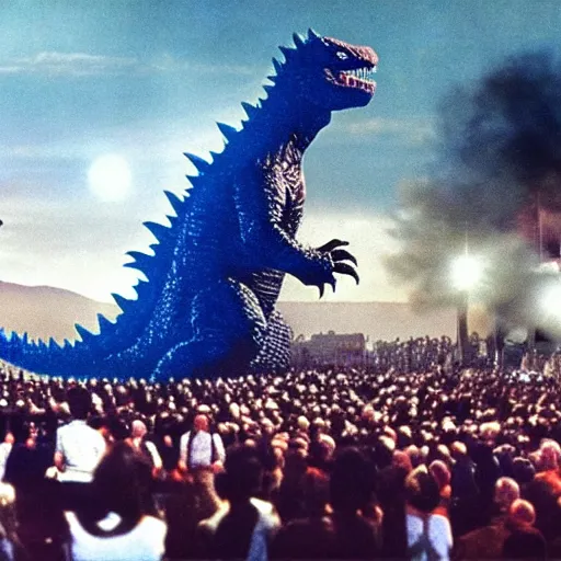 Image similar to Godzilla in the background of a Beatles concert, HD, high resolution, hyper realistic, 4k, intricate detail