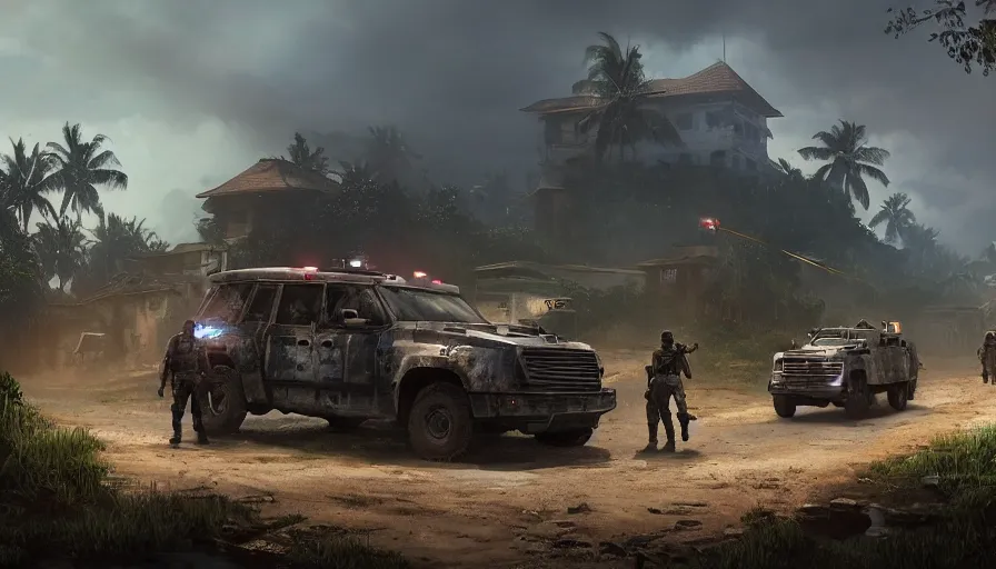 Prompt: a militarized police vehicle riding through a kerala village, troops searching the area, furious action scene, an epic fantasy, dramatic lighting, cinematic, establishing shot, extremely high detail, photorealistic, cinematic lighting, artstation, matte painting, octane render, by simon stalenhag, shadow of the tomb raider
