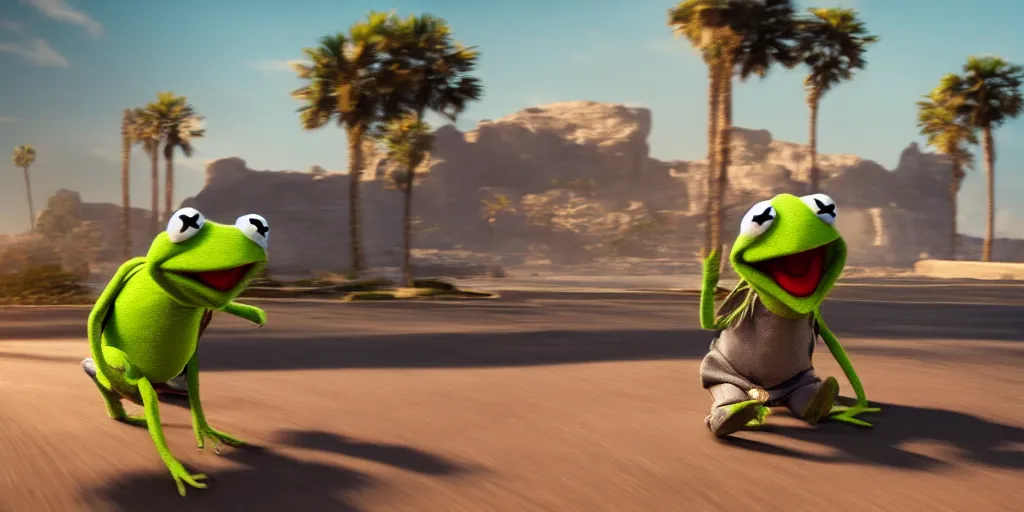 Image similar to kermit driving a car, wlop, palm trees, desert, cinematic lighting, hyperdetailed, 8 k realistic, symmetrical, global illumination, radiant light,, frostbite 3 engine, cryengine, dof, trending on artstation, digital art, chanel