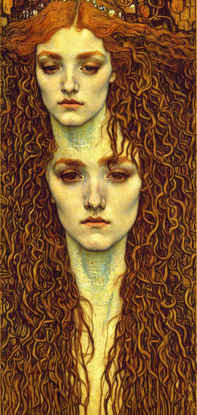 Image similar to detailed realistic beautiful young medieval queen face portrait by jean delville, gustav klimt and vincent van gogh, art nouveau, symbolist, visionary, gothic, pre - raphaelite, muted earthy colors, desaturated