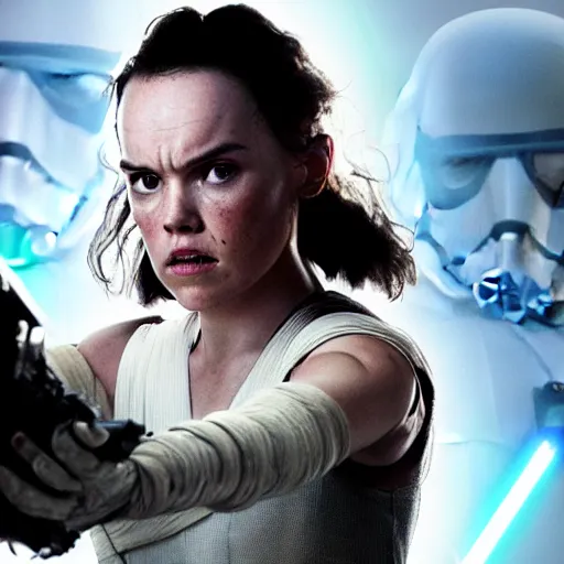 Prompt: evil mutant corrupted daisy ridley as rey, killing stormtroopers, sith lord, dark side, cinematic movie image, both hands raised to use the force, yellow eyes, hd star wars photo