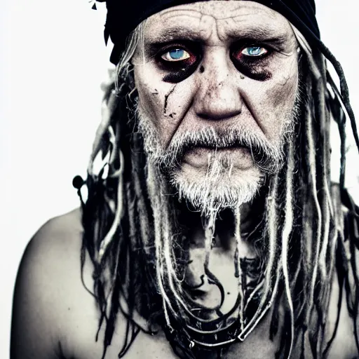 Prompt: one eyepatch | photo portrait | white hair | very old and rugged | dirty very skinny pirate | tattoos on face | white dreadlocks hair | crooked teeth | wearing a red headband and black hat | very detailed photo | sigma lens 70mm