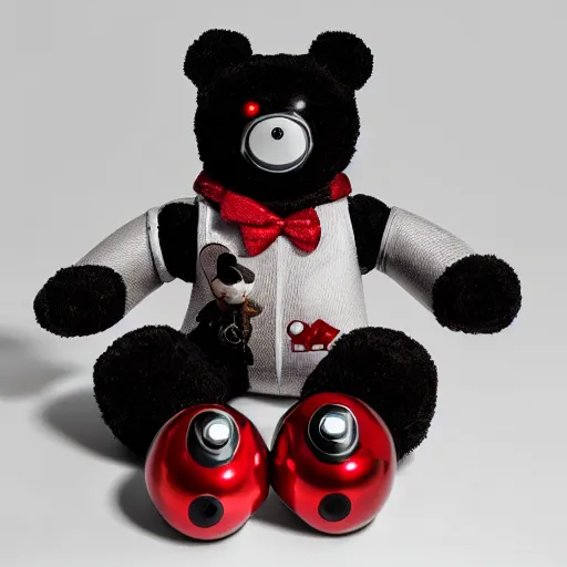 Prompt: robot black teddy bear with red eyes, face close up, realistic, highly detailed, studio photo, dark lighting