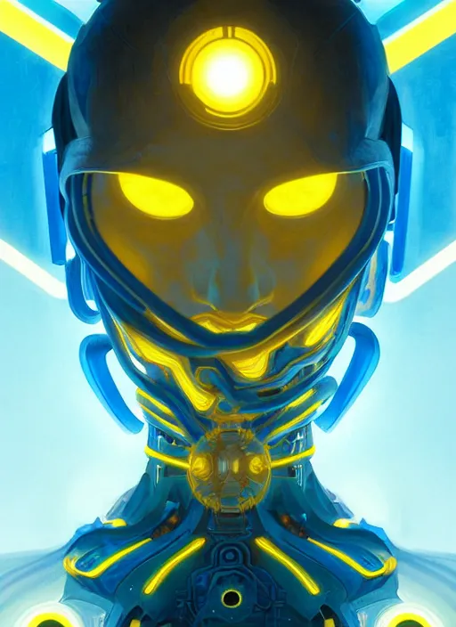 Image similar to symmetry!! portrait of a sunflower, sci - fi, tech wear, blue and yellow glowing lights!! intricate, elegant, highly detailed, digital painting, artstation, concept art, smooth, sharp focus, illustration, art by artgerm and greg rutkowski and alphonse mucha