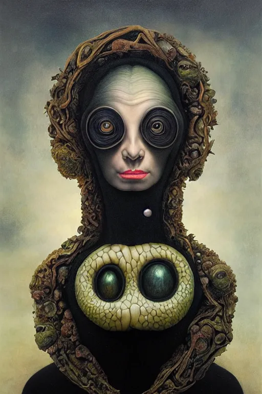 Image similar to a strange surrealist, biomorphic, portrait of a woman with large eyes wearing a black turtleneck, by dali, marco mazzoni, james jean and rachel ruysch, emotionally evoking, looming, head in focus, arcimboldo, volumetric lighting, masterpiece