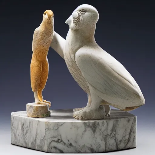 Prompt: a beautiful marble statue of a kenku and a tabaxi, dynamic pose, Doric, roman, Greek