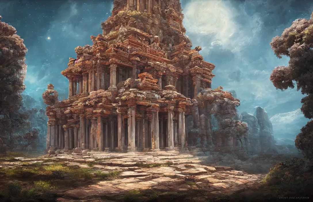 Image similar to a beautiful painting of a ancient temple on another world by sam spratt | wide angle | unreal engine :. 3