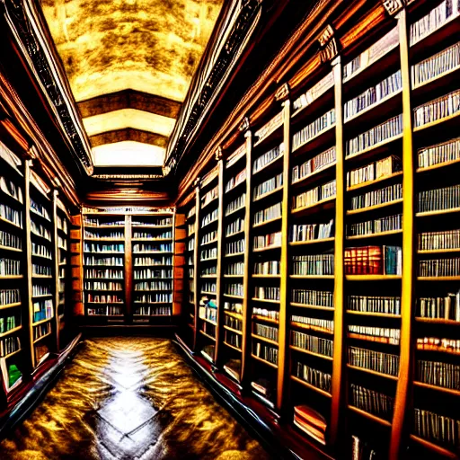 Prompt: liminal space, ancient library, claustrophobic, hyper realistic, detailed, 4k, wide lens photography