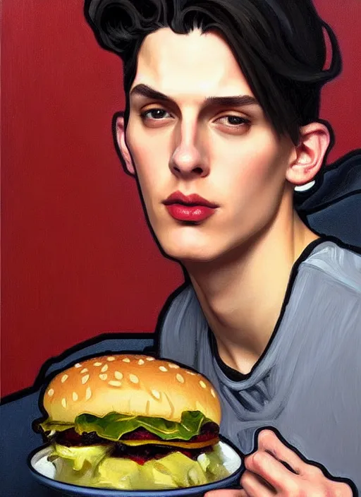 Image similar to oil painting, jughead jones wears a grey crown, and devours a hamburger, intricate, elegant, highly detailed, lighting, painting, artstation, smooth, illustration, art by greg rutowski and alphonse mucha