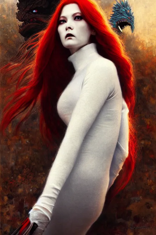 Prompt: extremely detailed painting of a beautiful vampire with red eyes and long red hair in a ponytail, in a white woollen turtleneck dress, looking at a small blue shin godzilla, painting by gaston bussiere, craig mullins, greg rutkowski, yoji shinkawa