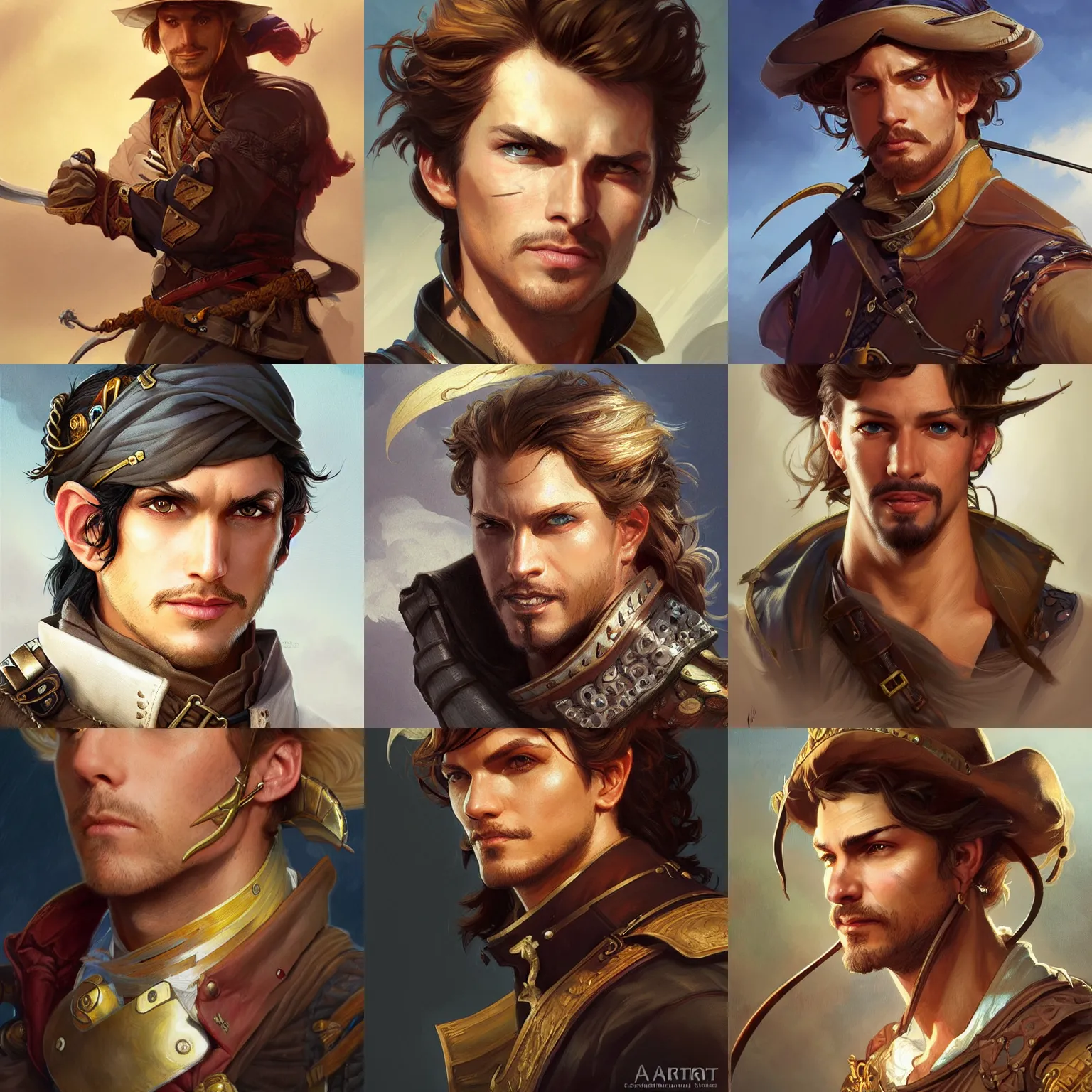 Prompt: portrait of a swashbuckler, headshot, D&D, fantasy, highly detailed, digital painting, artstation, concept art, sharp focus, illustration, art by artgerm and greg rutkowski and alphonse mucha