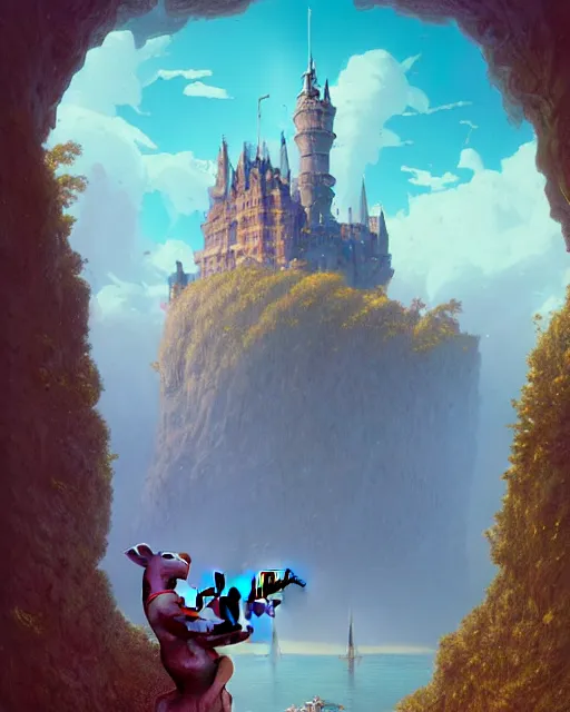 Prompt: highly detailed surreal vfx portrait antropomorphic rat holding guitar looking castle in the distance stephen bliss unreal engine greg rutkowski loish, rhads, beeple, makoto shinkai and lois van baarle ilya kuvshinov rossdraws, tom bagshaw, alphonse mucha, global illumination, detailed and intricate environment