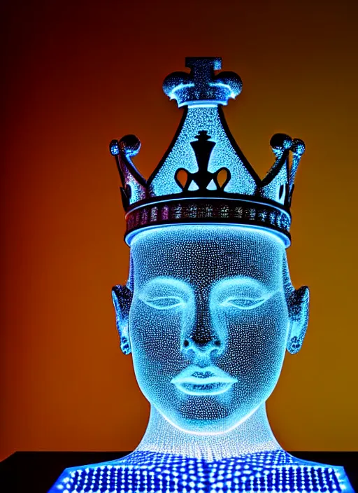 Image similar to queen chess piece photo, crown made of led point lights, pearlescent skin, skin made of led point lights, very detailed, highly detailed background, reflective chessboard, photorealism, sharp focus, photorealism, soft diffuse autumn lights, some sunlight ray, dark room wall, canon 5 d 5 0 mm lens