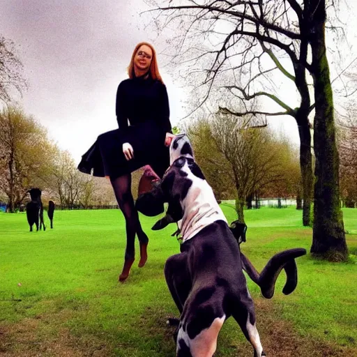 Prompt: girl riding a great Dane in the park, trending on artstation