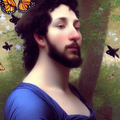 Prompt: a stunning matte digital portrait illustration of a man with blue hair and brown eyes, surrounded by monarch butterflies, in the style of William Adolphe-Bouguereau, trending on artstation, contest winner