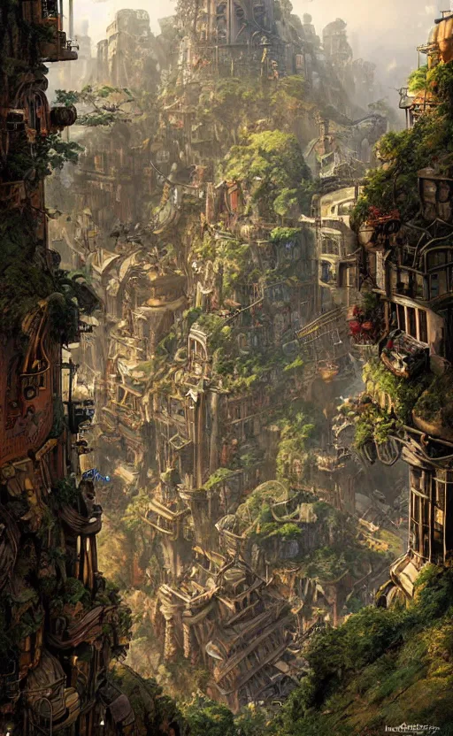 Image similar to steampunk city on a cliff, dense foliage poster art by kim jung giu and weta studio, and lucasfilm and jesper ejsing and norman rockwell greg rutkowski frank frazzeta