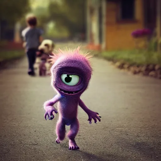 Image similar to a cute little monster walking with a little baby, friends, portrait, pixar style, abandoned environment, cinematic lighting, award winning creature portrait photography