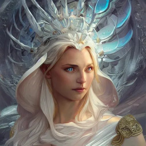 Image similar to ice goddess, D&D, highly detailed, digital painting, artstation, concept art, sharp focus, illustration, cinematic lighting, art by artgerm and greg rutkowski and alphonse mucha