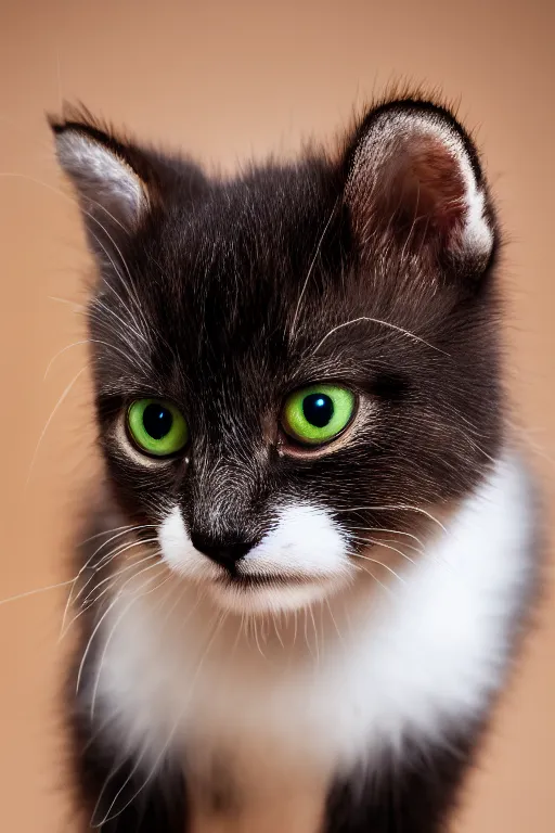 Image similar to 8K UHD kitten with floppy ears, animal portrait photo, 105 mm lens, medium full shot