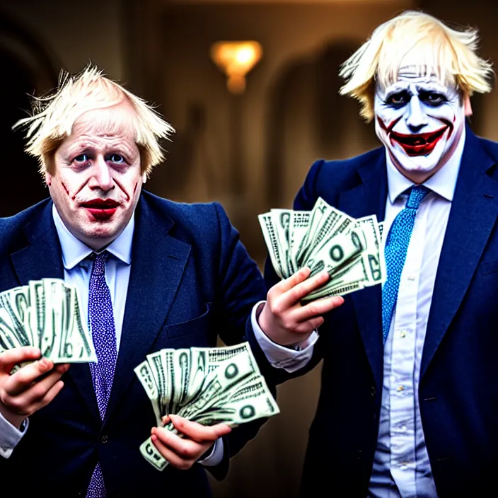 Image similar to photo of boris johnson dressed like satan and the joker holding bundles of cash, highly detailed, 4 k, hdr, smooth, sharp focus, high resolution, award - winning photo