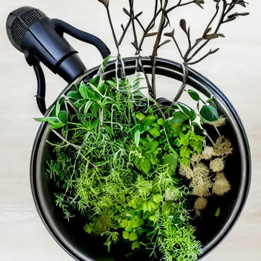 Prompt: a kitchenaid mixer bowl overflowing with plants, flowers, twigs, and branches