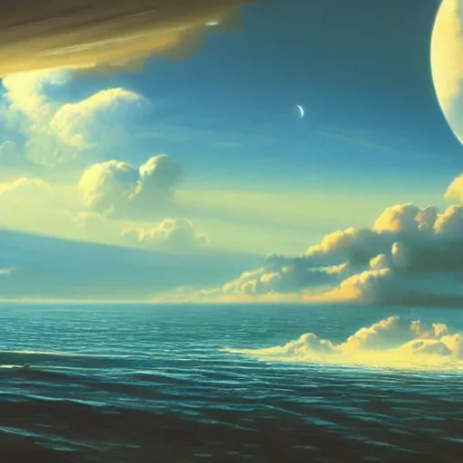 Image similar to beautiful matte painting of a dreamy ocean with clouds, sci - fi, daylight, blue sky, cinematic lighting, cinematic perspective, planet above, syd mead, john harris, federico pelat, detailed, 4 k, hd