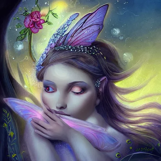 Image similar to a very beautiful fairy with a beautiful detailed face, the fairy hovers above an old opened book, digital painting, fantasy art