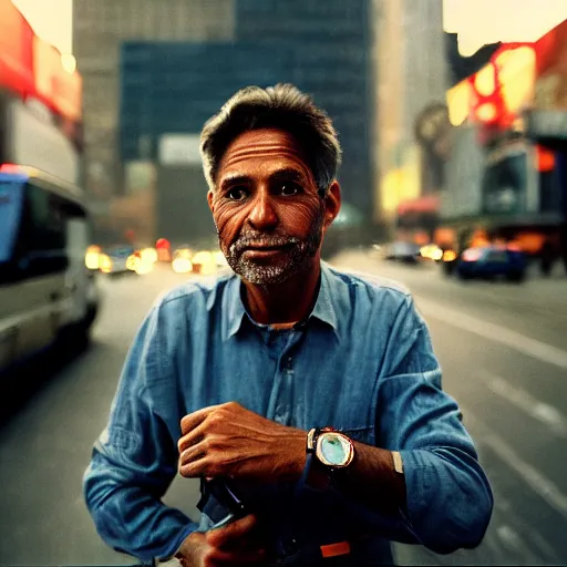 Prompt: closeup portrait of a man piloting a spaceship in a smoky new york street , by Annie Leibovitz and Steve McCurry, natural light, detailed face, CANON Eos C300, ƒ1.8, 35mm, 8K, medium-format print