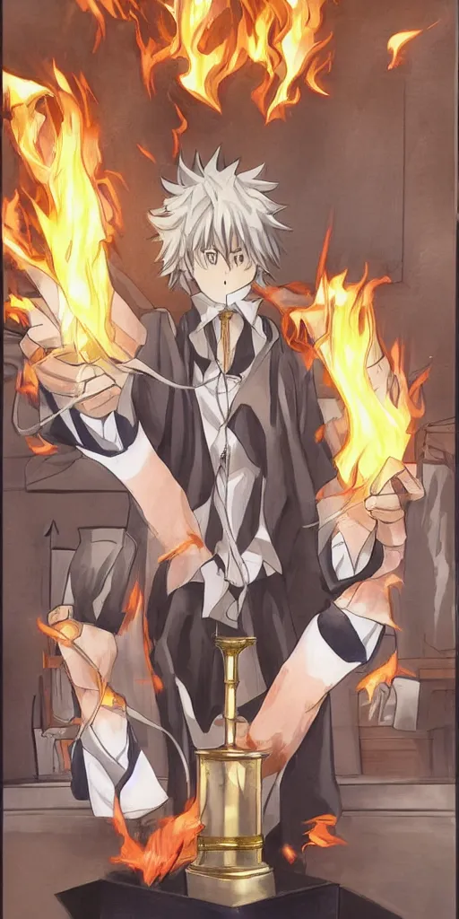 Image similar to powerful anime judge with a magic gavel on fire, in a court room with a justice scale on his desk, drawn by a famous anime artist, high quality, fine lines, amazing detail. colored