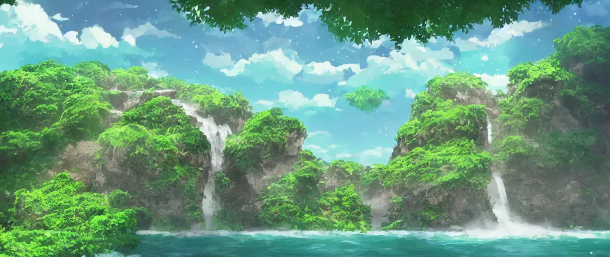 Image similar to a small crumbling island with waterfalls flowing off the island, floating in space, studio ghibli, digital art, detailed, depth of field