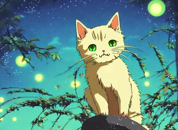 Prompt: anime fine details portrait of joyful cute cat, aliens vivid, nature trees, meadows at night, bokeh, close-up, anime masterpiece by Studio Ghibli. 8k, sharp high quality classic anime from 1990 in style of Hayao Miyazaki