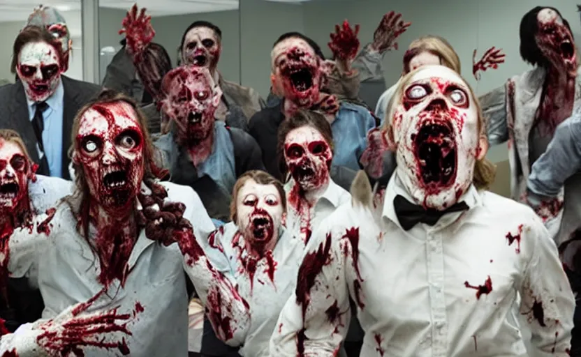 Prompt: a zombie invasion of a corporate office, horror flick