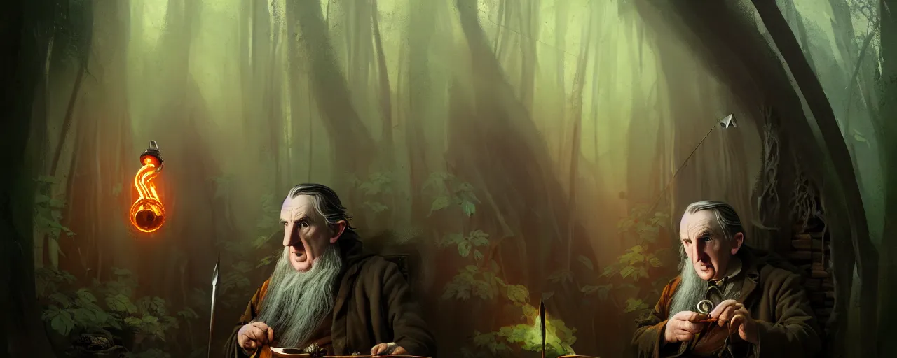 Image similar to duotone concept illustration 3 / 4 portrait of jrr tolkien in hobbit house smoking pipe with gandalf in rustical style. cinematic volumentric lighting. accidental renaissance. by sachin teng and sergey kolesov and ruan jia and heng z. graffiti art, scifi, fantasy, hyper detailed. octane render. concept art. trending on artstation