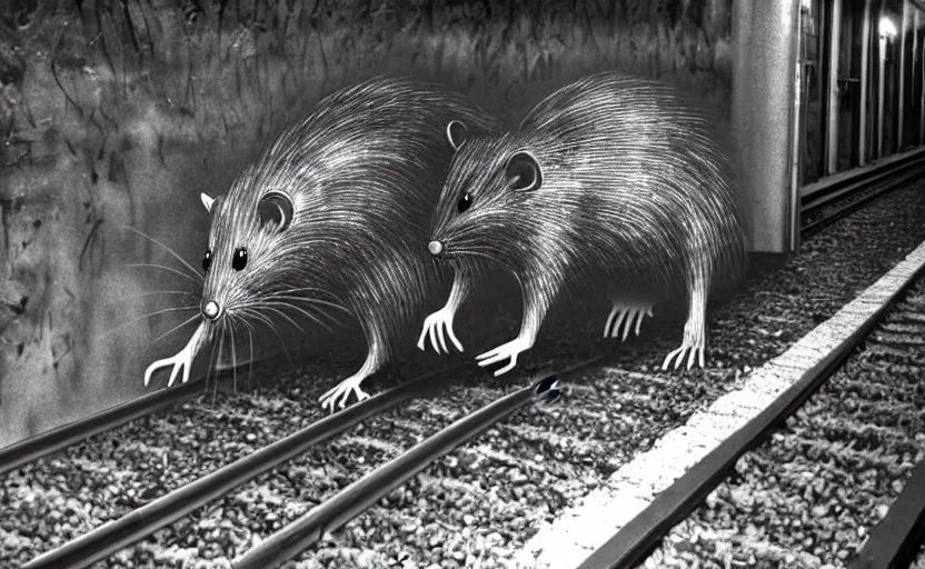 Image similar to very large giant mutant zombie irradiated rat sraying on railways in tonnel of moscow subway. extreme high detail. low dark light, scary atmosphere.