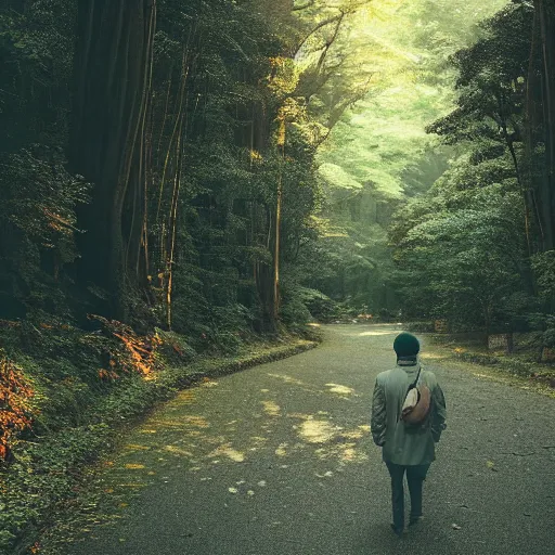 Image similar to 1 9 9 0 s candid 3 5 mm photo of a beautiful forest in tokyo, cinematic lighting, cinematic look, golden hour, the clouds are epic and colorful with cinematic rays of light, a man walks down the center of the forest with a beanie on, photographed by petra collins, uhd