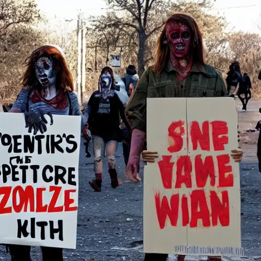 Prompt: zombie protestor sign art during the apocalypse