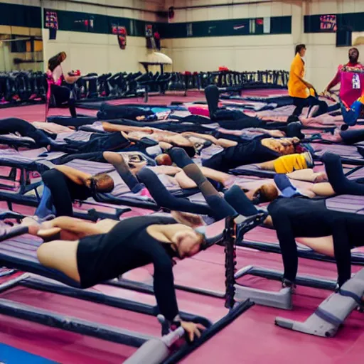 Prompt: people in a gym get ready for competetive sleeping, photograph, action photography