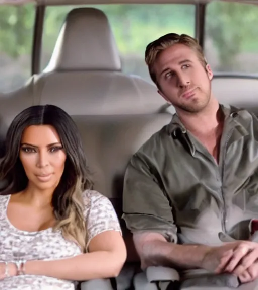 Image similar to a movie still of kim kardashian sitting with ryan gosling in the movie drive